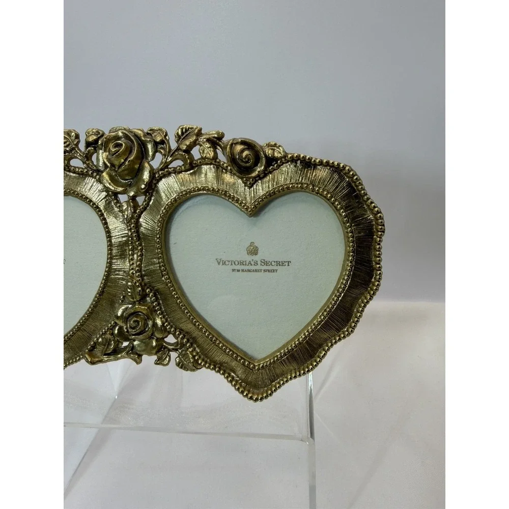 Victoria's Secret Double Heart Vintage Brass Floral Rose Picture Frame